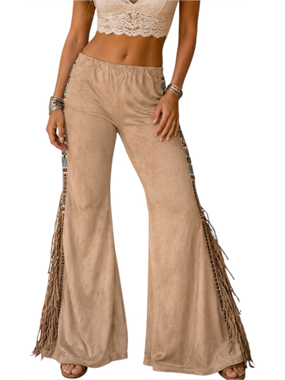 Boho Western Faux Suede Fringe Super Flare Pull On Pants Tribal Beaded Trim Sz L
